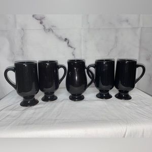 Vintage Set of 5 Black/ebony Glass Irish Coffee Mugs